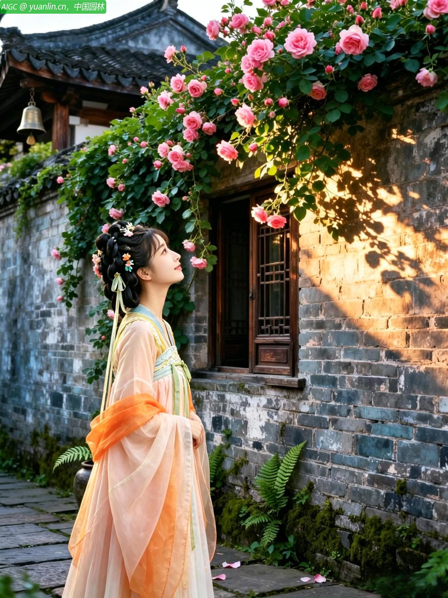 南京老门东街区，一位汉服少女驻足蔷薇花墙下