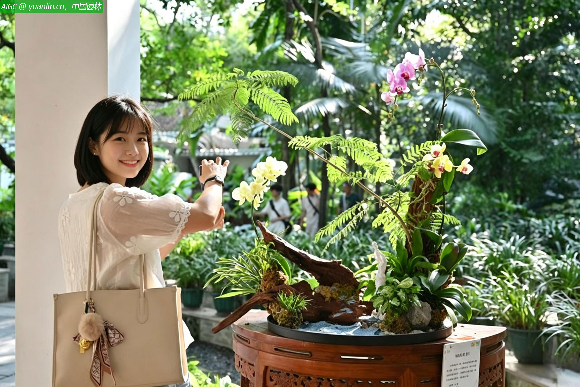 游客在广州兰圃拍摄粤港澳精品花艺作品。