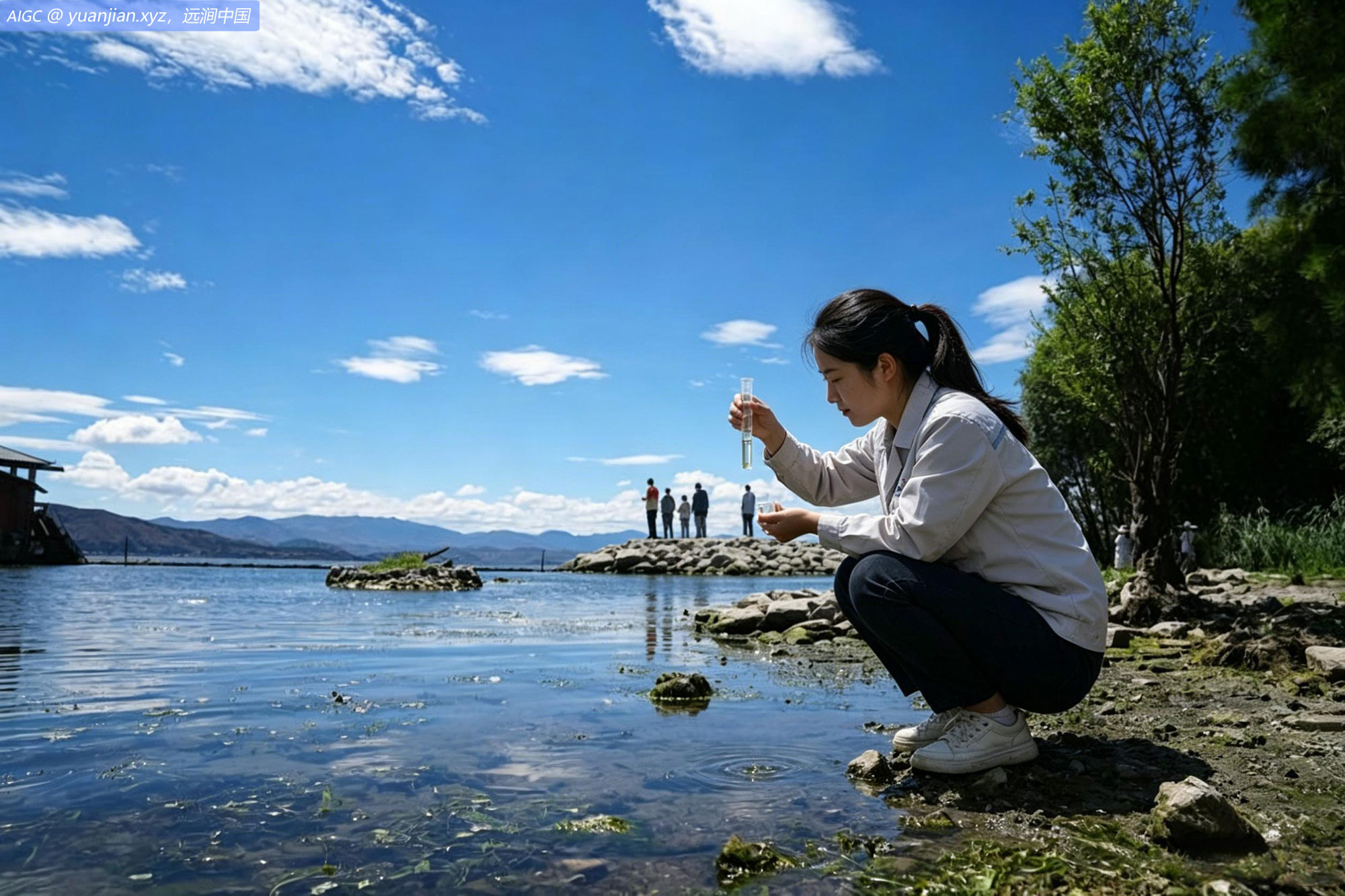 大理大学农学与生物科学学院的研究生在洱海边采集水样