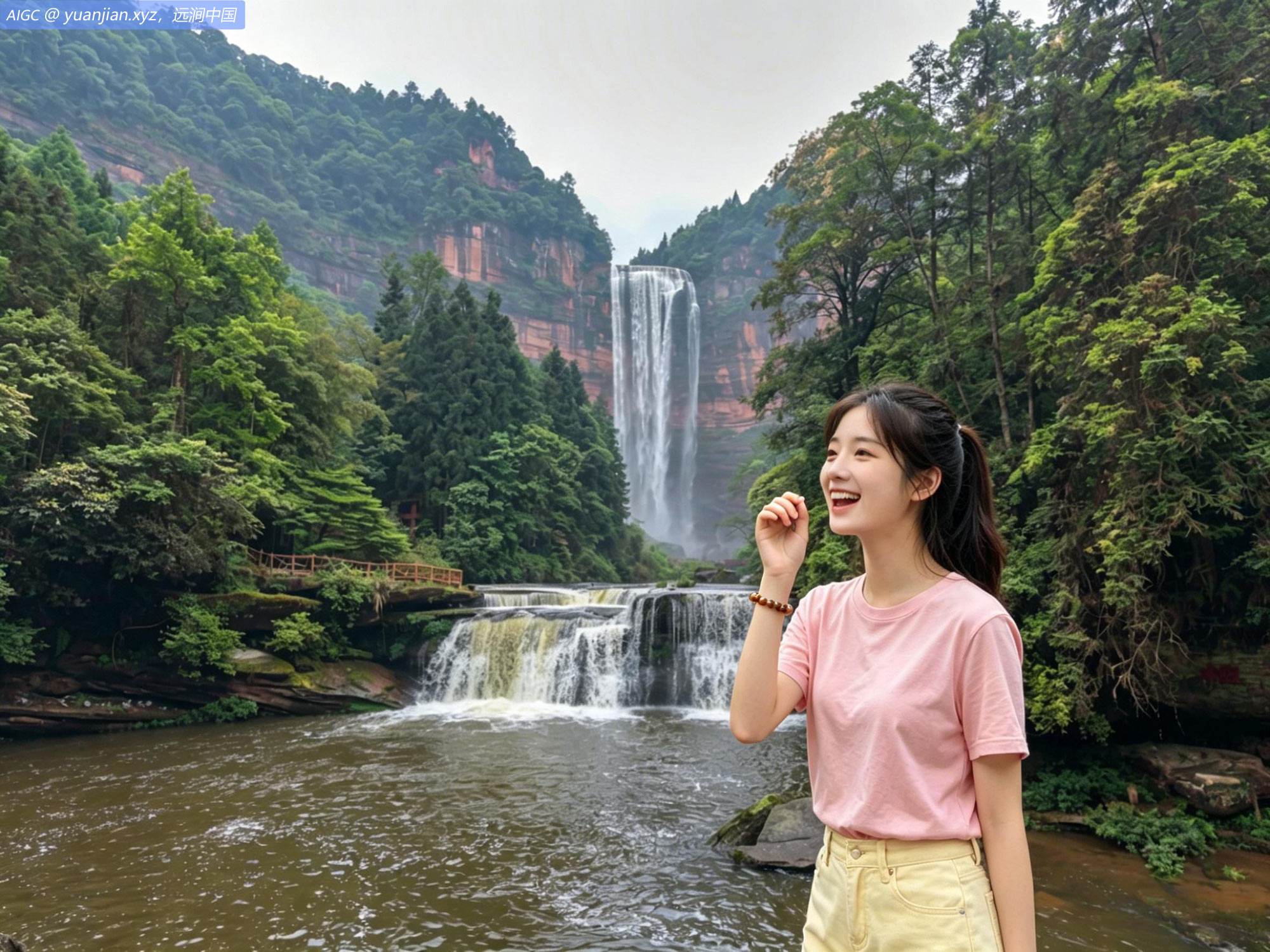 重庆江津望乡台瀑布，山间云雾缭绕，水势颇为壮观